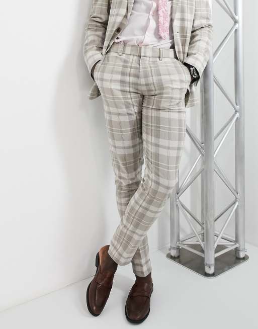 ASOS DESIGN skinny linen mix suit pants in stone check