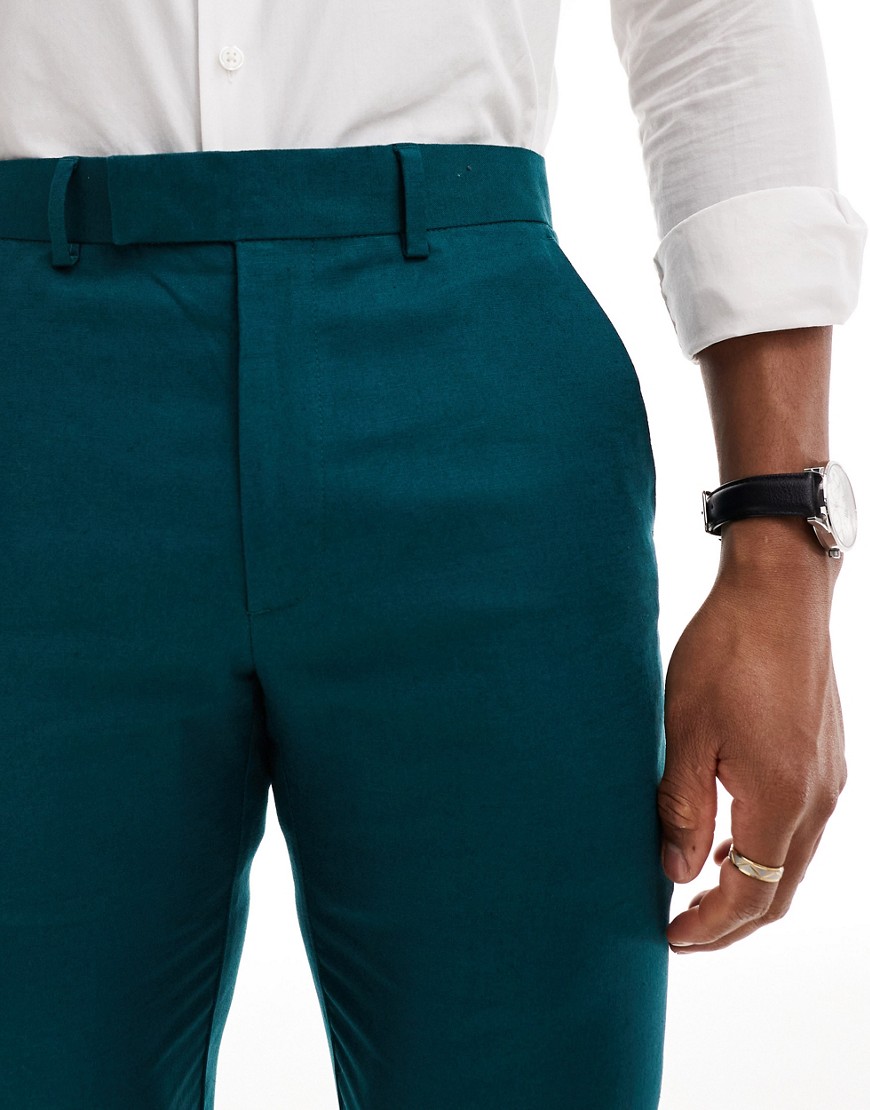 Asos Design Skinny Linen Mix Suit Pants In Teal Green