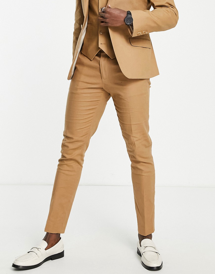 ASOS DESIGN skinny linen mix suit pants in tobacco-Brown
