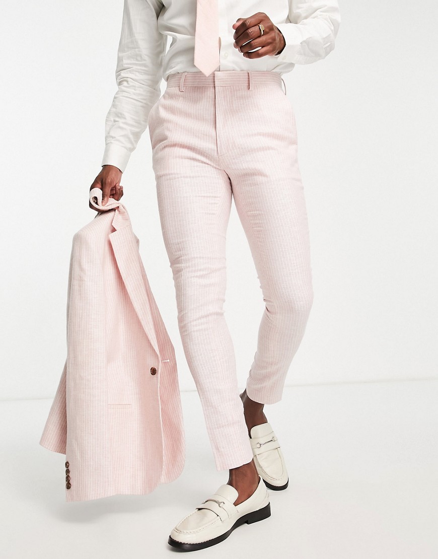 ASOS DESIGN skinny linen mix suit trousers in pink pinstripe