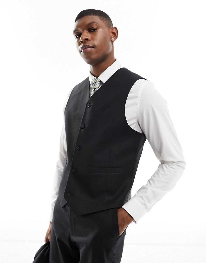 Asos Design Skinny Linen Mix Suit Vest In Black