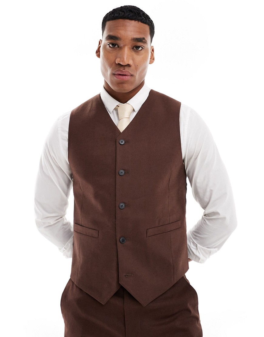Asos Design Skinny Linen Mix Suit Vest In Brown