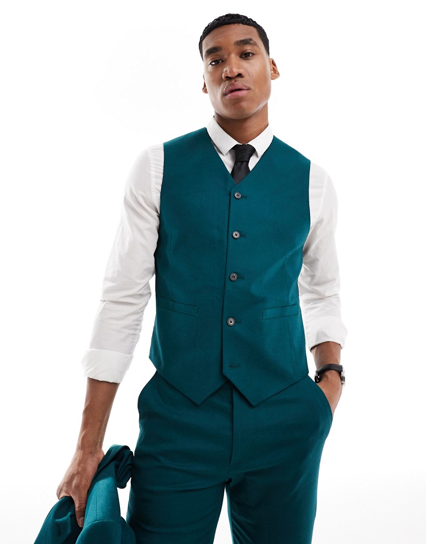 skinny linen mix suit vest in teal green