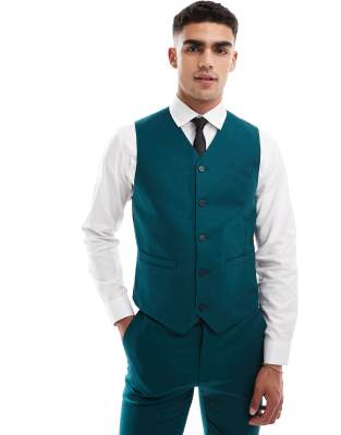 Asos Design Skinny Linen Mix Suit Vest In Teal Gren-green