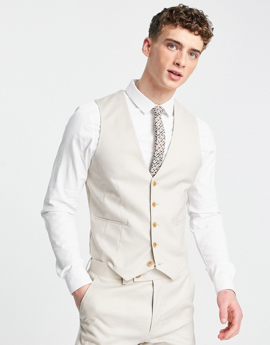 ASOS DESIGN skinny linen mix suit waistcoat in stone-Neutral