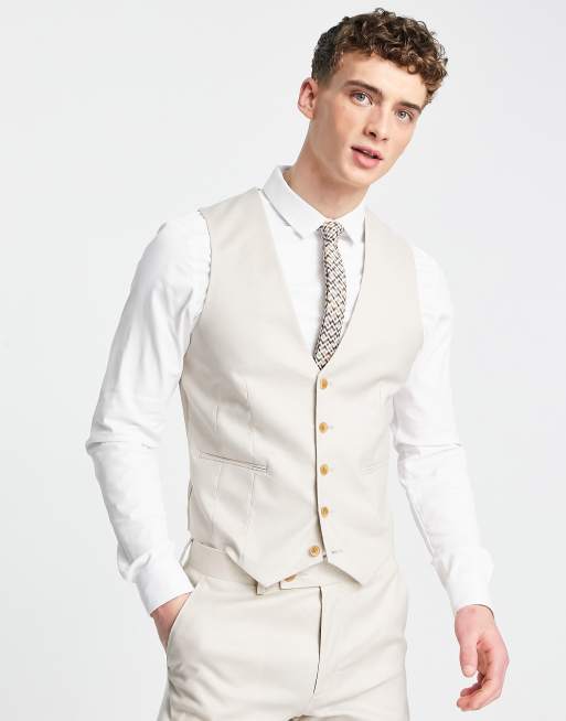 ASOS DESIGN skinny linen mix suit waistcoat in stone ASOS