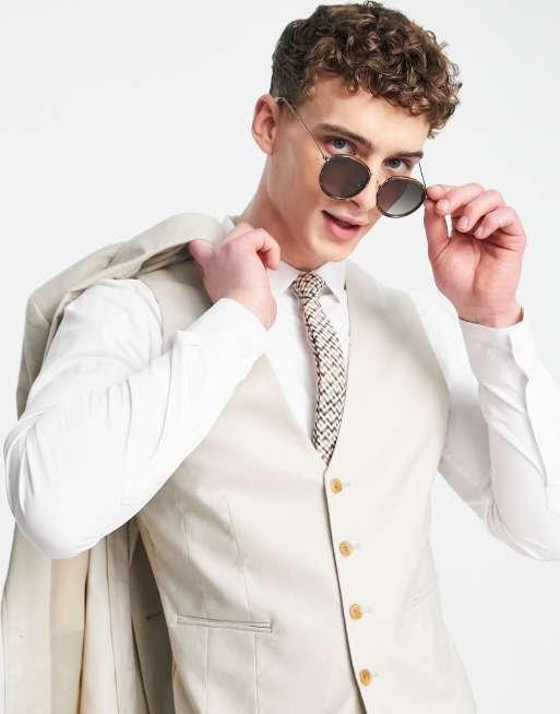 ASOS DESIGN skinny linen mix suit waistcoat in stone, 2 of 4