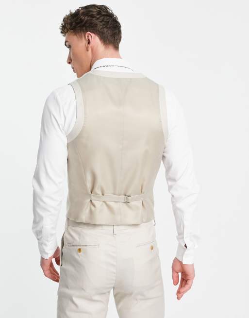 ASOS DESIGN skinny linen mix suit waistcoat in stone, 3 of 4