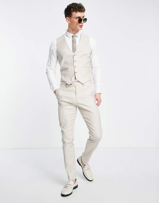 ASOS DESIGN skinny linen mix suit waistcoat in stone, 4 of 4