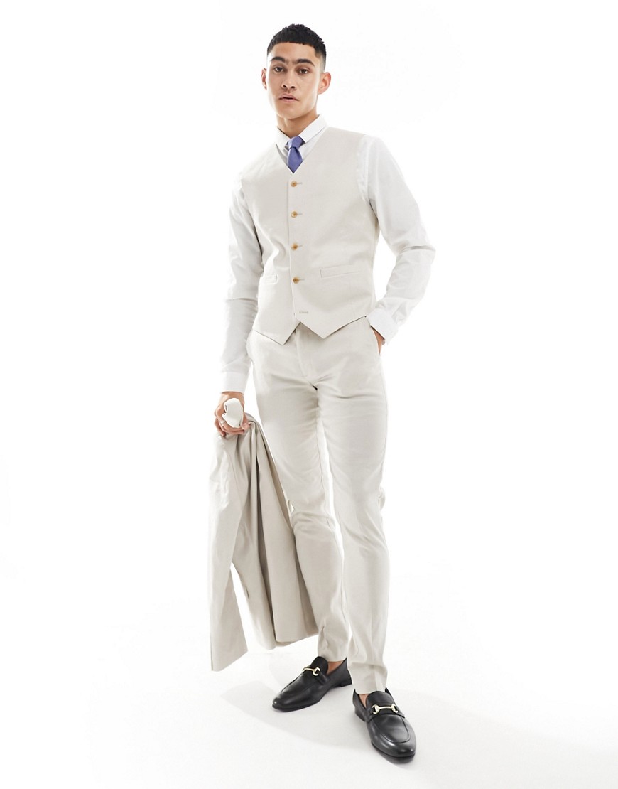 ASOS DESIGN skinny linen mix suit waistcoat in stone-Neutral