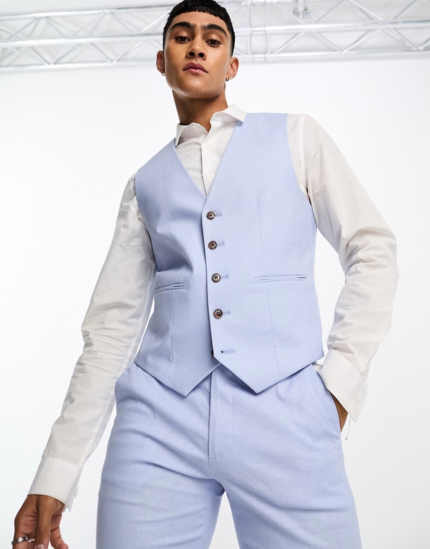 Asos Design Skinny Linen Mix Vest In Pastel Blue