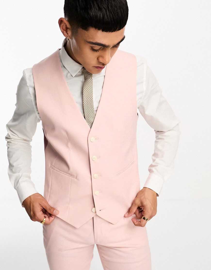 Asos Design Skinny Linen Mix Vest In Pastel Pink