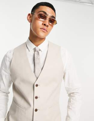 Asos Design Super Skinny Linen Mix Vest In Stone-neutral