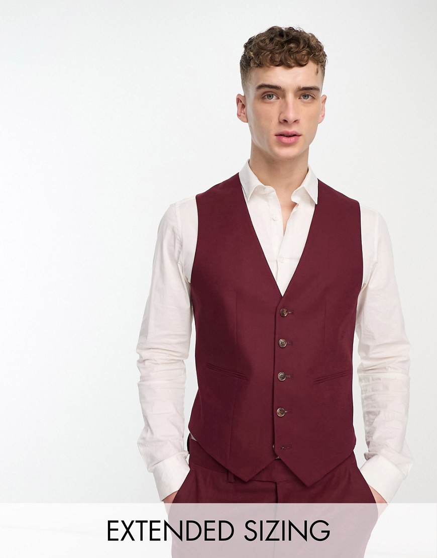 ASOS DESIGN skinny linen mix waistcoat in burgundy-Red