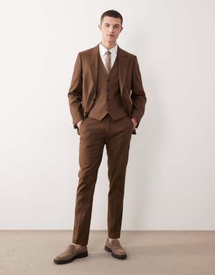 Asos Design Skinny Linen Rich Suit Pants In Brown