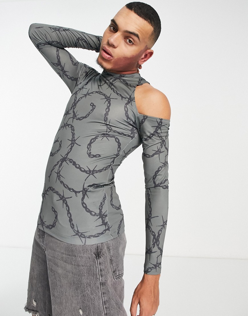 ASOS DESIGN skinny long sleeve cut out t-shirt in gray all over print