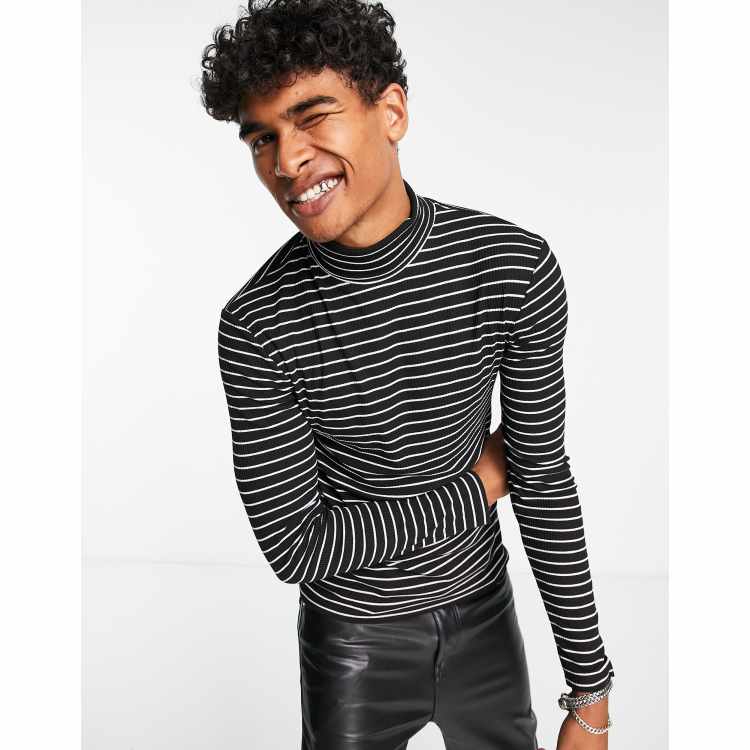 ASOS DESIGN skinny long-sleeve high neck t-shirt in black & white stripe