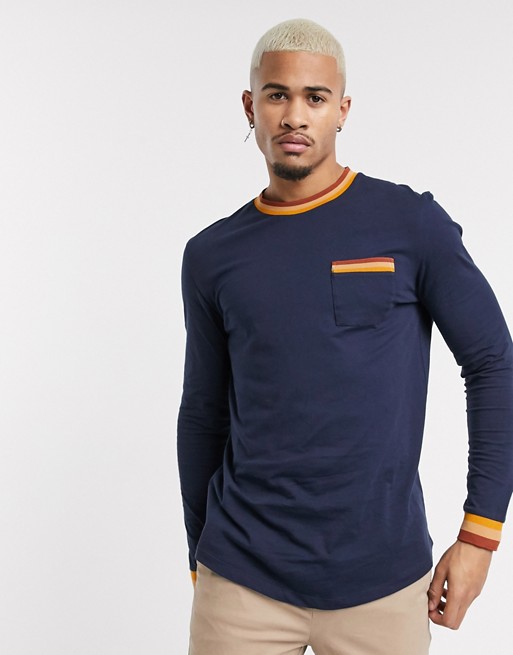 ASOS DESIGN skinny long sleeve longline t-shirt with curved hem and contrast tipping in navy