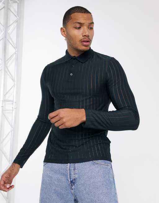 Striped Mesh Long-Sleeve Polo Shirt