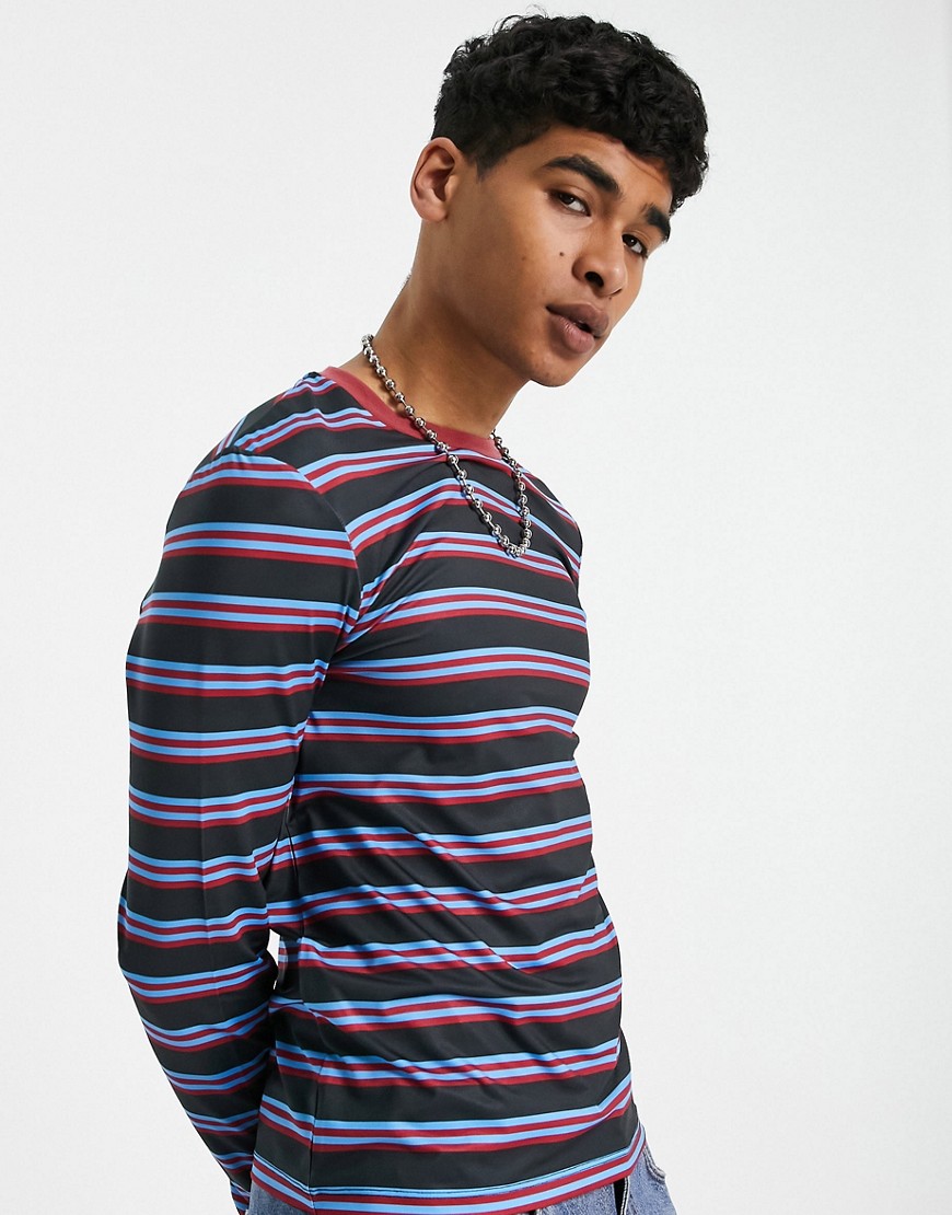 ASOS DESIGN skinny long sleeve stripe t-shirt in grey & blue-Purple