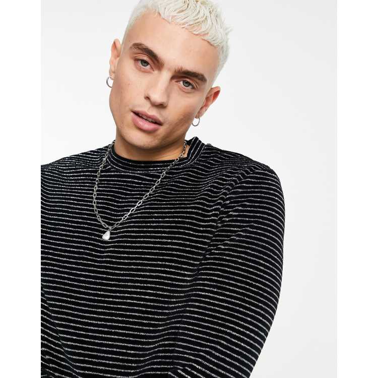 ASOS DESIGN skinny long sleeve t-shirt in black and silver stripe texture