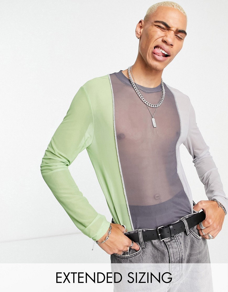 ASOS DESIGN skinny long sleeve t-shirt in grey and green colour block mesh