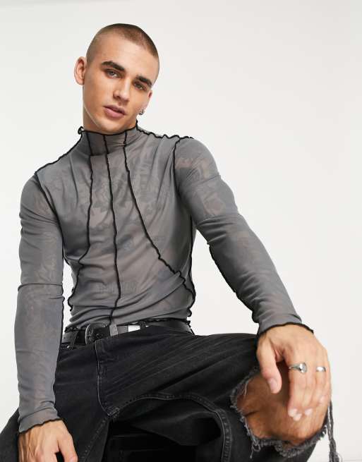 ASOS DESIGN skinny long sleeve t-shirt in grey mesh with contrast stitch  detail