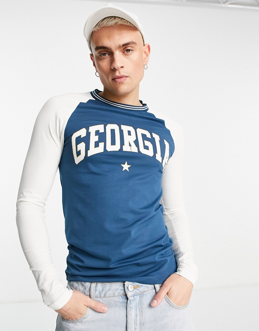 ASOS DESIGN skinny long sleeve T-shirt in navy with Georgia print