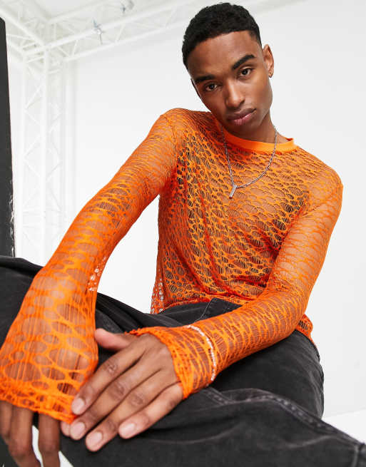 Orange mesh long sleeve top online