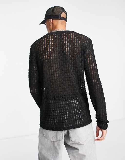 ASOS DESIGN skinny long sleeve t-shirt in popcorn fabric in black, 2 of 4