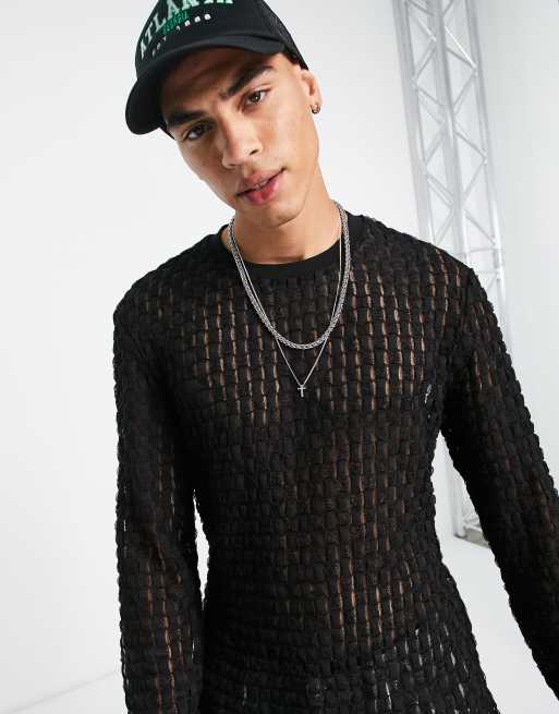 ASOS DESIGN skinny long sleeve t-shirt in popcorn fabric in black, 3 of 4