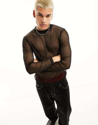 ASOS DESIGN skinny long sleeve T-shirt in ribbed mesh in black | ASOS
