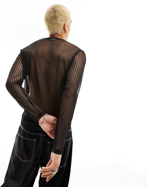 ASOS DESIGN skinny long sleeve T-shirt in ribbed mesh in black , 3 of 4
