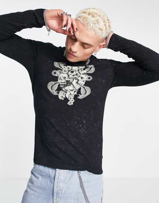 ASOS DESIGN skinny long sleeve T-shirt in washed black with skull front print, 3 of 4