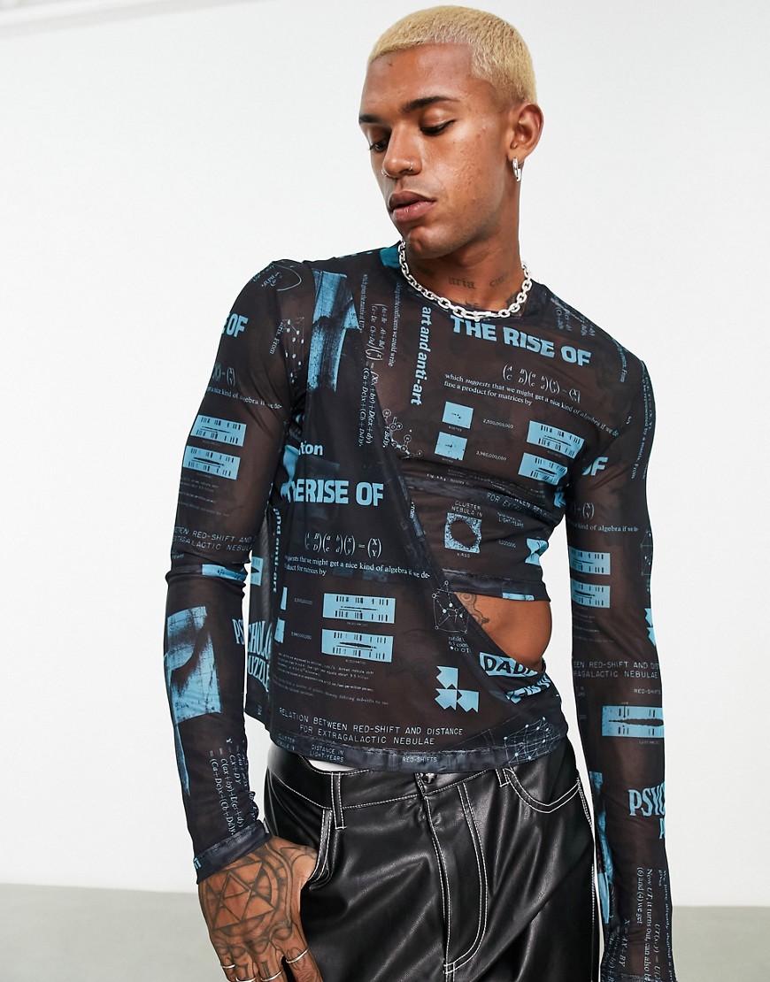 ASOS DESIGN skinny long sleeve T-shirt with cut out in black and blue printed mesh