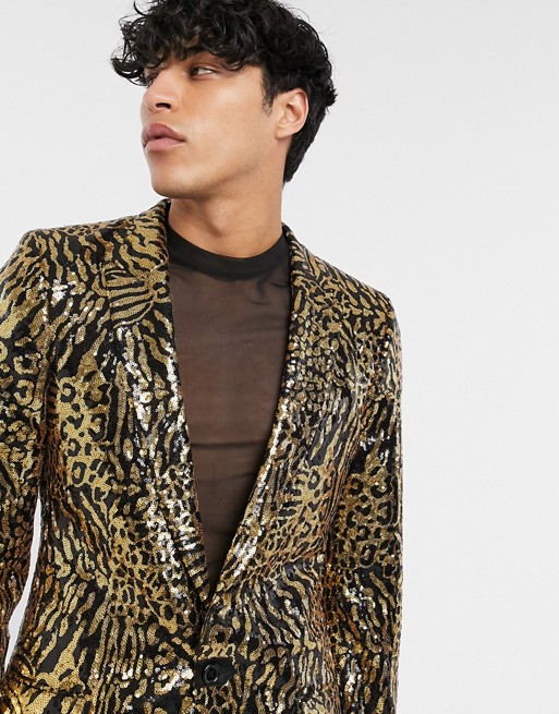 ASOS DESIGN skinny longer length suit jacket in tiger sequin