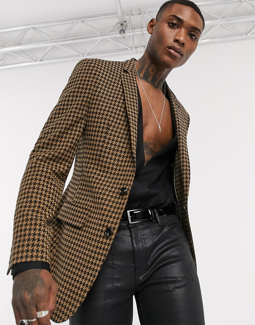 Asos Design Skinny Longline Blazer In Houndstooth Brown Check