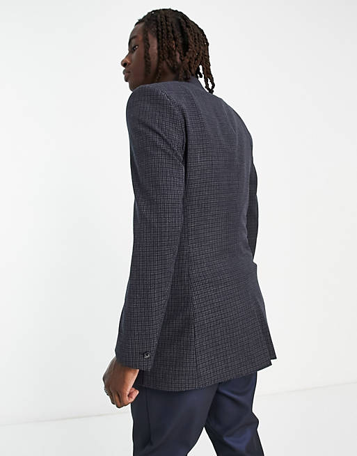 Suits skinny longline blazer in navy and grey microcheck 