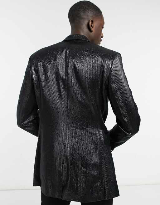 ASOS DESIGN skinny longline blazer in wet look black, 2 of 4