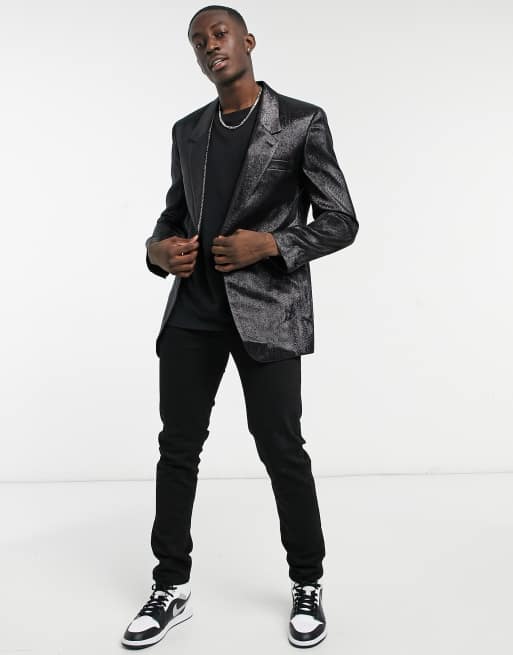 ASOS DESIGN skinny longline blazer in wet look black, 4 of 4
