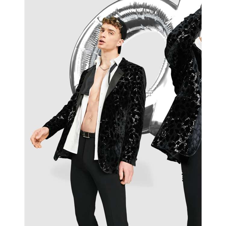 ASOS DESIGN skinny longline blazer with sequin stripe in black ASOS