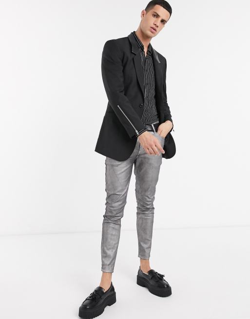 ASOS DESIGN skinny longline blazer with zips in black ASOS