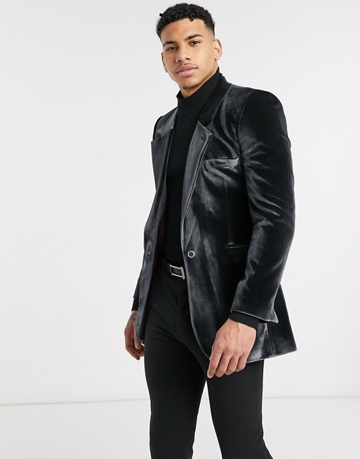 ASOS DESIGN skinny longline velvet blazer with eyelet detail in black
