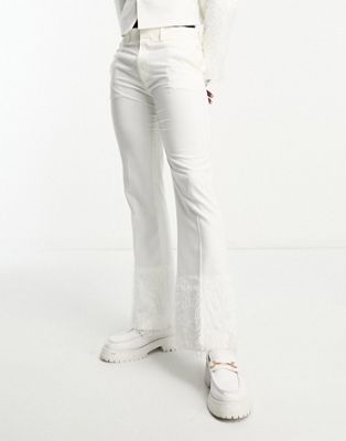 ASOS DESIGN skinny lowrise suit flare with fringing in white