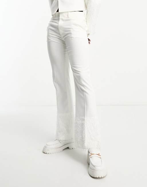 ASOS DESIGN skinny lowrise suit flare with fringing in white