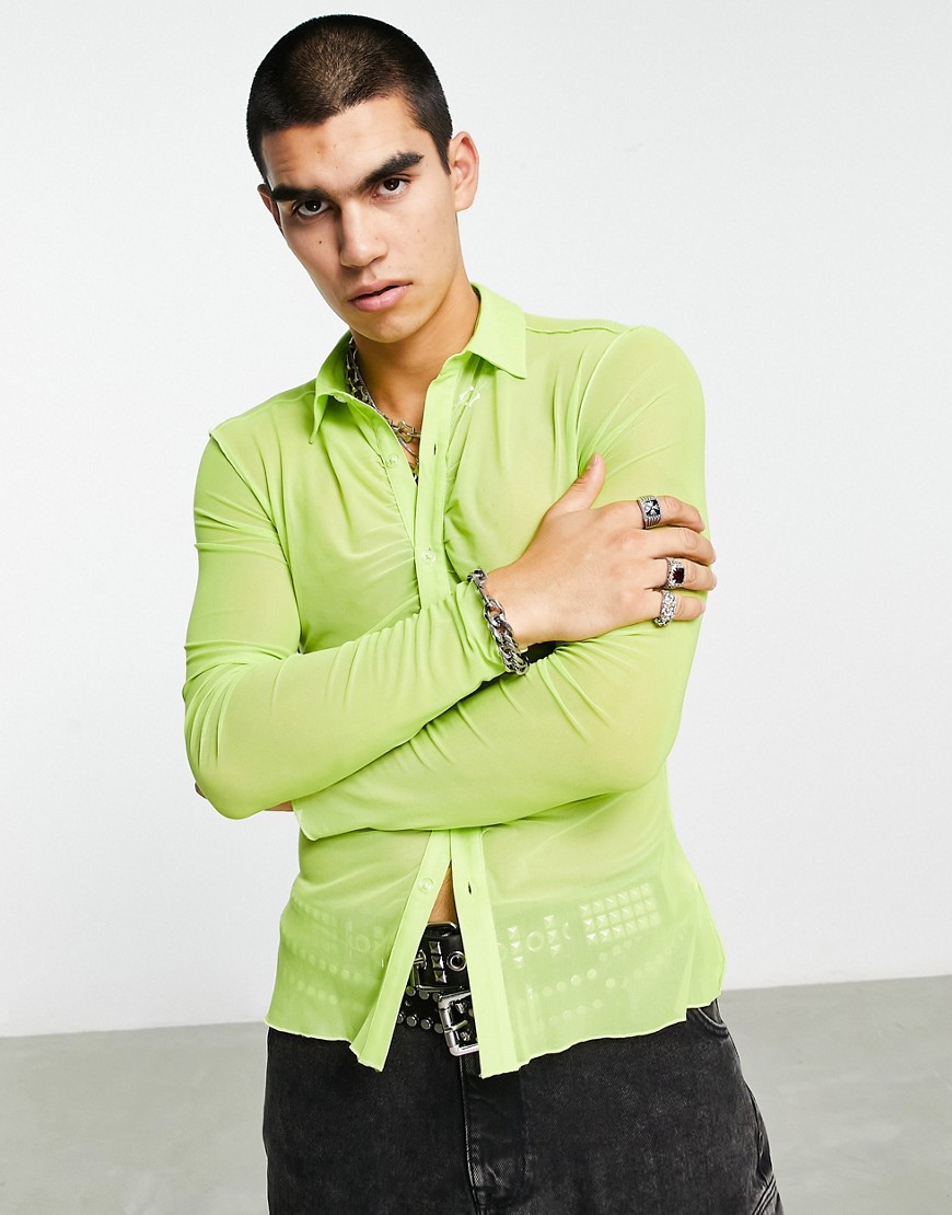 ASOS DESIGN skinny mesh shirt in neon green with ruching detail