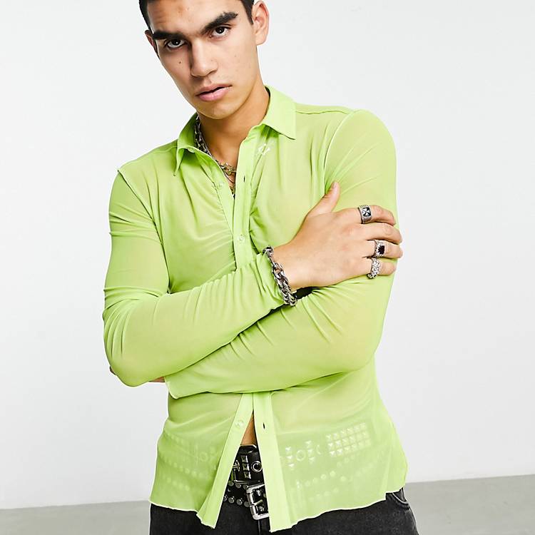 Manners equation Dozens ASOS DESIGN skinny mesh shirt in neon green with ruching detail | ASOS