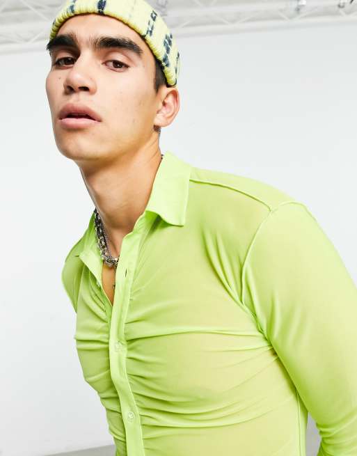 ASOS DESIGN skinny mesh shirt in neon green with ruching detail