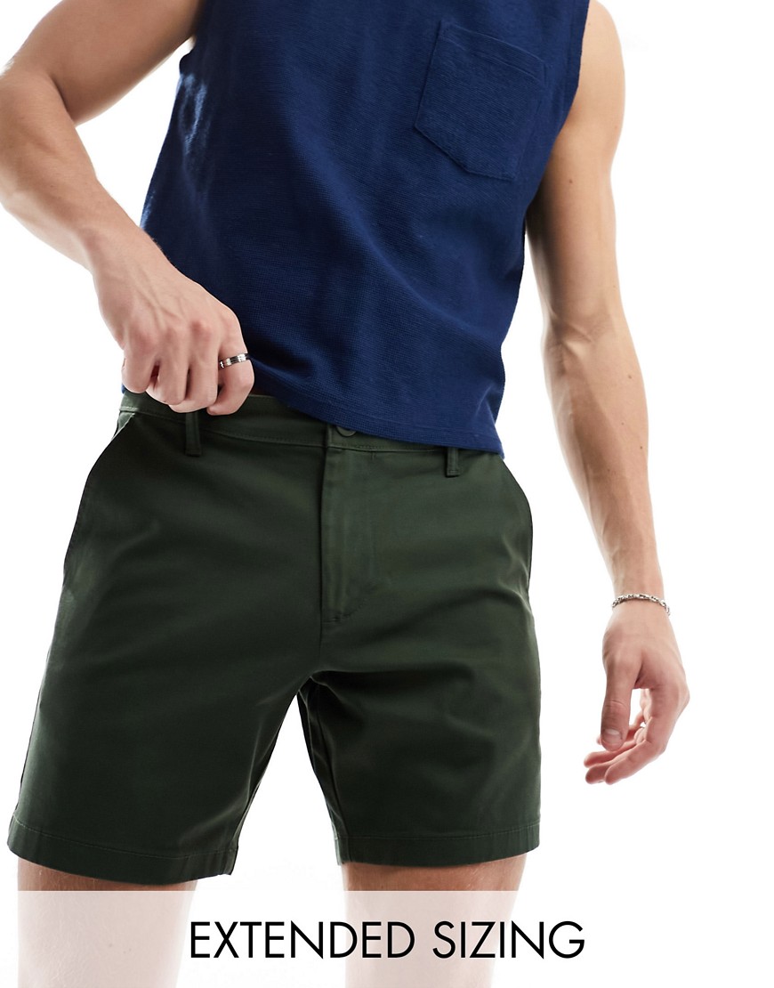 ASOS DESIGN skinny mid length chino shorts in khaki-Green