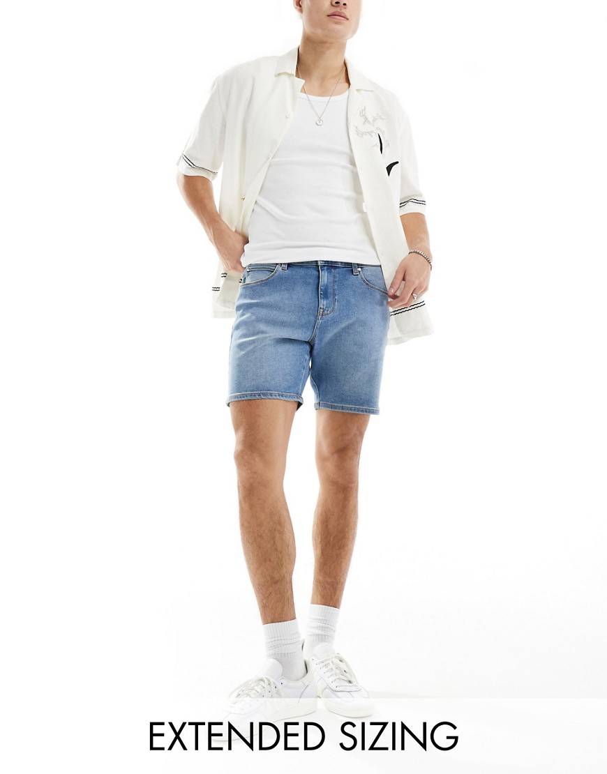 Asos Design Skinny Mid Length Denim Shorts In Mid Wash Blue